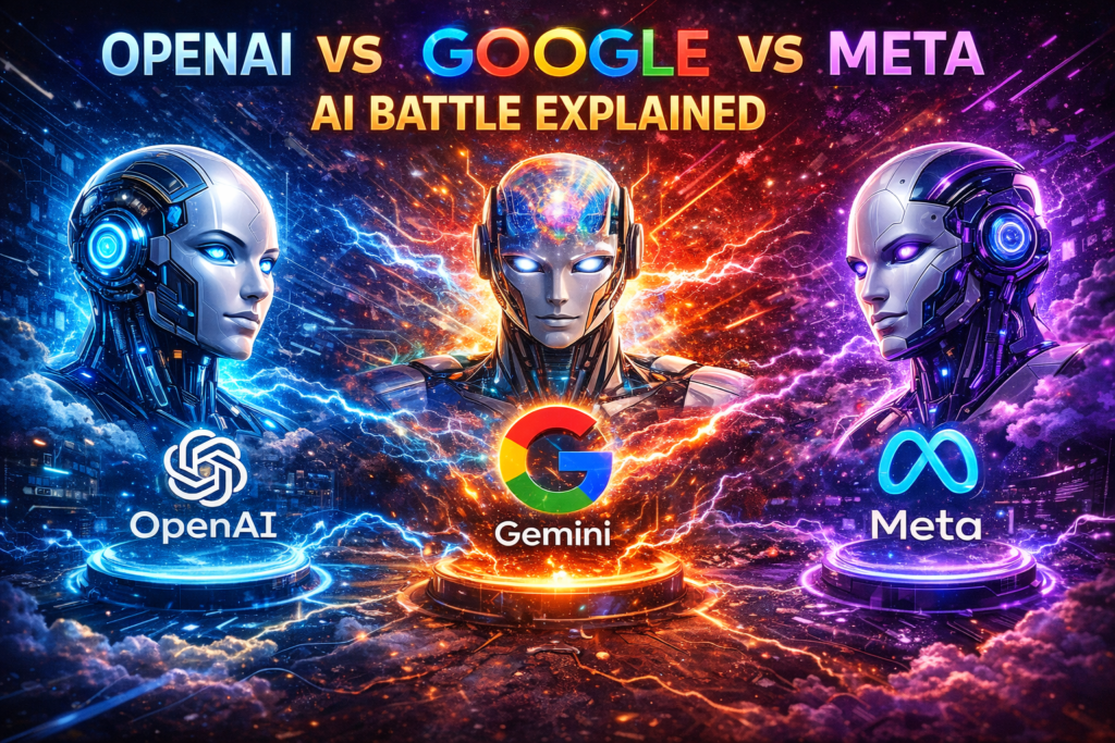 Meta का नया AI मॉडल: क्या Zuckerberg बना पाएगा Google और OpenAI को टक्कर? 2 OpenAI vs Google vs Meta AI Battle Explained